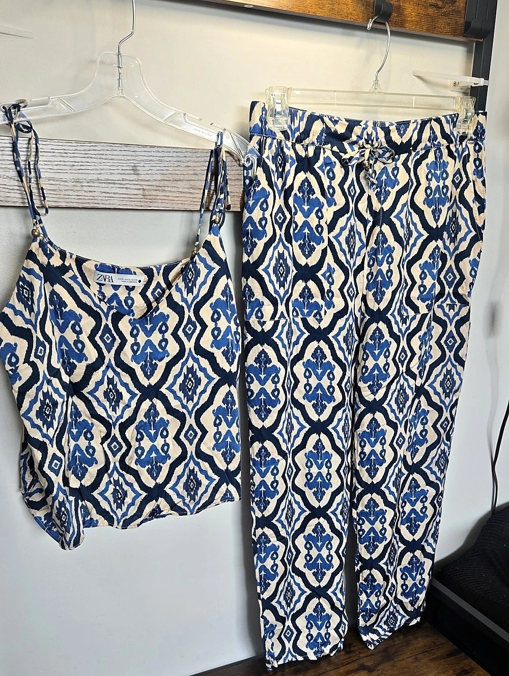 Zara Satin Ikat Print Camisole and Pant Set Blue & White L Bottom XL Top